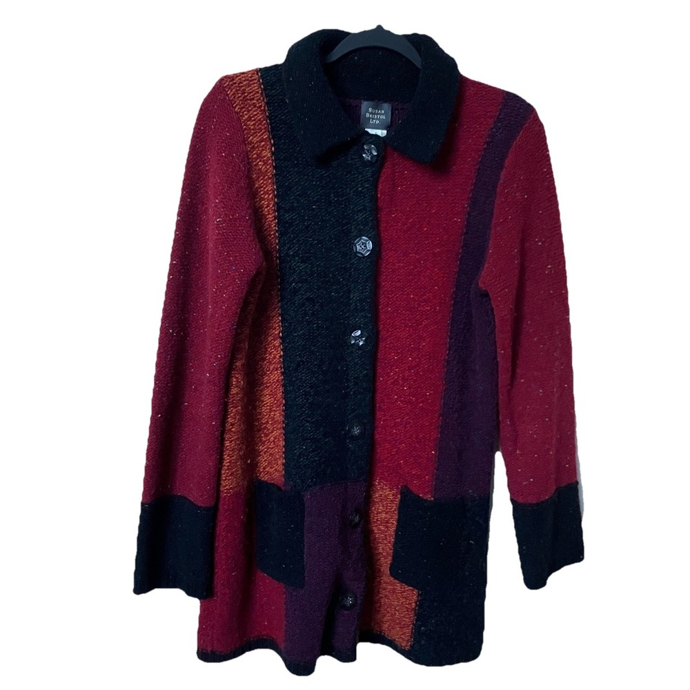Susan Bristol Wool Cotton Colorblock Longline Cardigan Sweater Red Orange Small